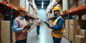 two workers in a warehouse setup